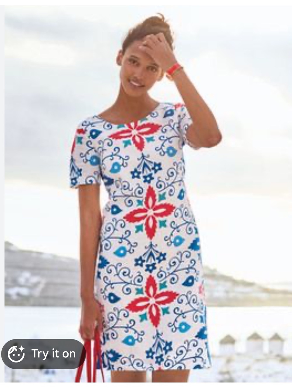 Boden Delfina shift dress White Dress with Red, Blue and Teal Floral Motif